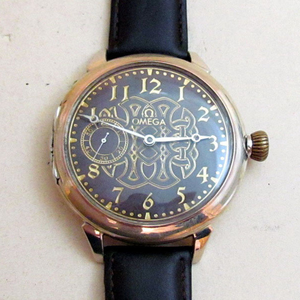 1920年代 オメガ懐中時計ムーブメント使用カスタム腕時計銀無垢黒文字盤リケースリダンアンティーク ビンテージ 骨董