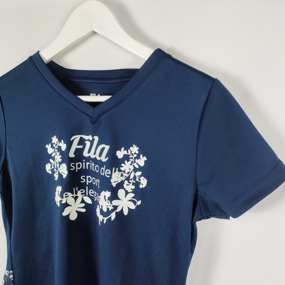 美品 フィラ FILA Tシャツ ペプラム調 ラメプリント 花柄 Vネック 半袖 M ネイビー レディース 中古 /EP_画像4