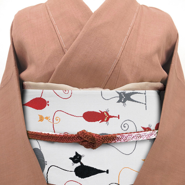 袋帯 京都 西陣 大光 上質 ライトグレー グレー 赤 黒 橙 猫 ねこ ネコ 正絹 絹 カジュアル 新品 仕立て上がり みやがわ sb51035_画像7