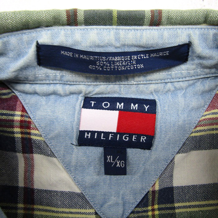 古着 TOMMY トミーヒルフィガー ボタンダウンシャツ チェック柄 半袖 マルチカラー サイズ表記：XL　gd79404_画像7