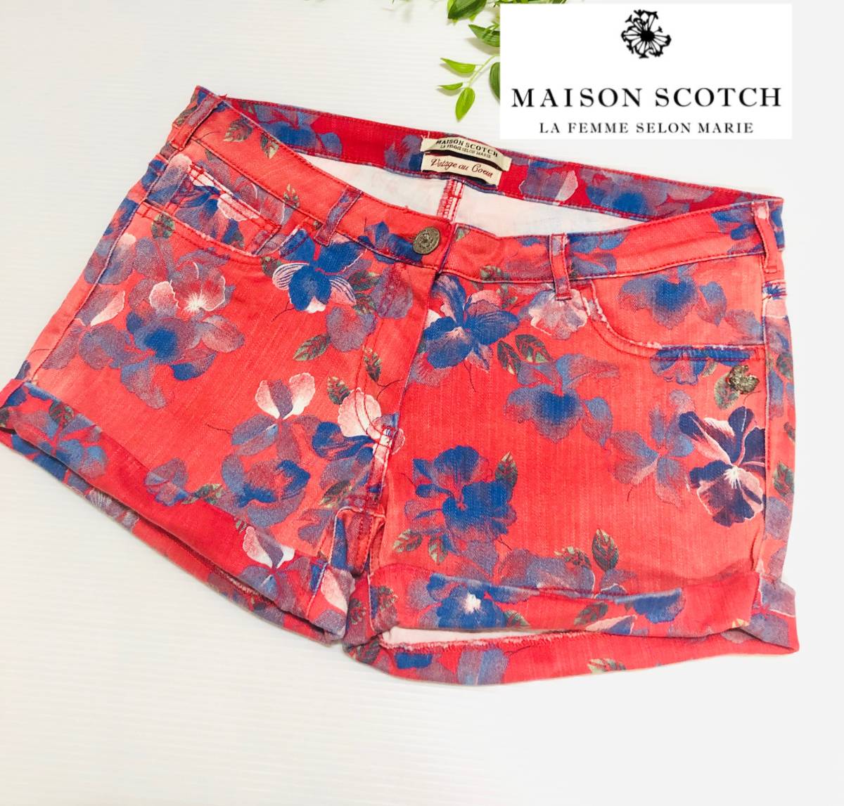 海外購入品　Maison Scotch　メゾン スコッチ　フラワープリントデザイン　ショートパンツ　レッド　サイズL相当_画像1