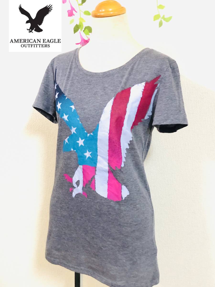 AMERICAN EAGLE American Eagle половина .. футболка звезда статья флаг дизайн Eagle Mark серый размер US S