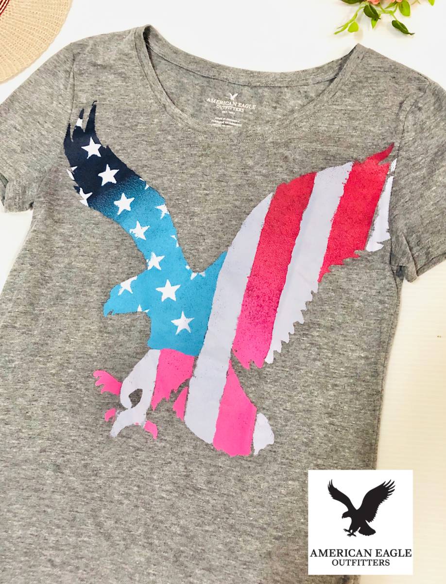 AMERICAN EAGLE American Eagle половина .. футболка звезда статья флаг дизайн Eagle Mark серый размер US S