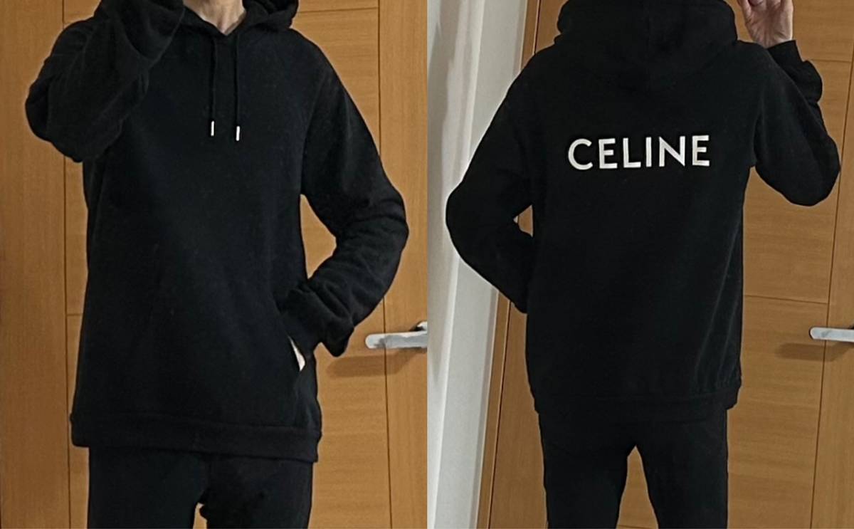 国内正規品 CELINE バックロゴルーズスウェットプルオーバーパーカー L ブラック 本物 セリーヌ フーディー エディスリマン 男女兼用