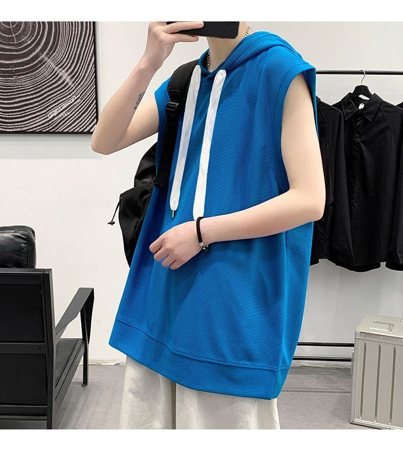 メンズtシャツ ノースリーブティーシャツ 韓国風 フード付き 大きいサイズ ゆったり 無地 夏 メンズファッションJUAS171(3色M-4XL)_画像6