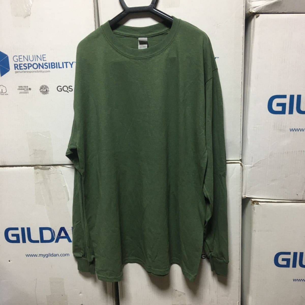 GILDAN ミリタリーグリーン XL サイズ 深緑 ダークグリーン ロンT 長袖無地Tシャツ ポケット無し ギルダン オリーブ サバゲー サバイバル_画像1