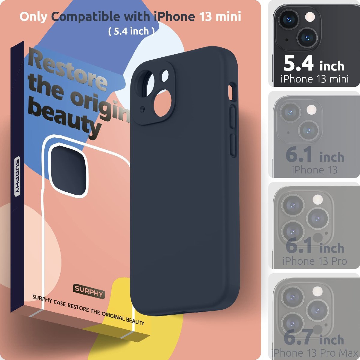 送料無料★SURPHY iPhone13 mini ケース シリコン 耐衝撃 超軽量 全面保護 5.4インチ(ネイビーブルー)の画像2