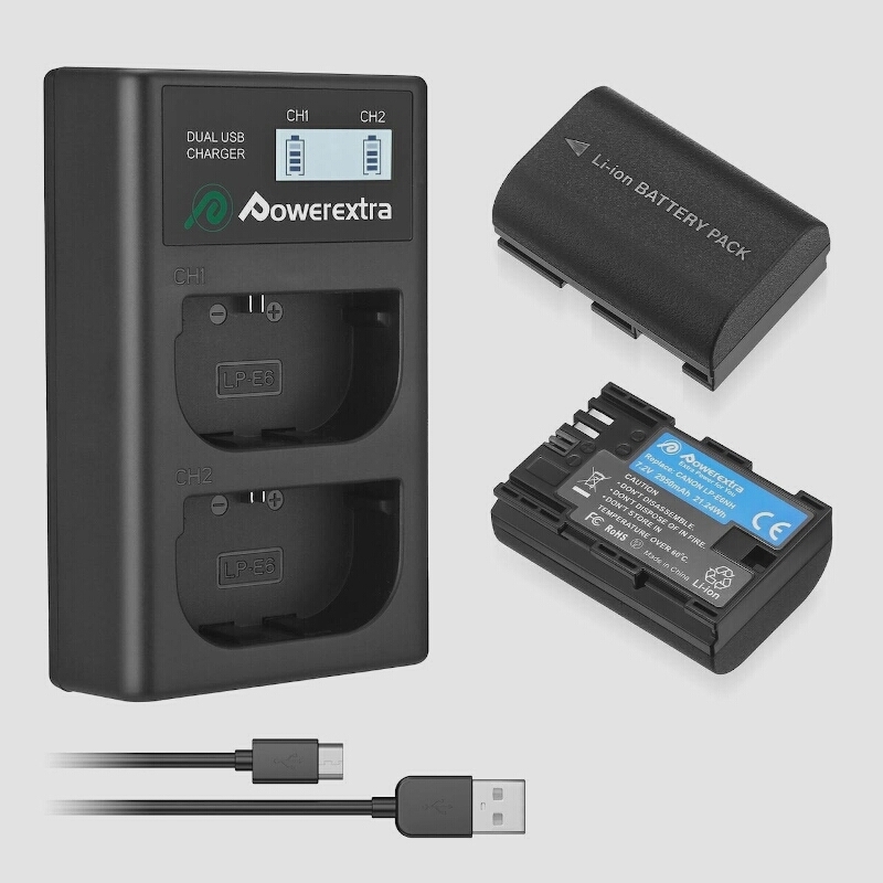 送料無料★Powerextra LP-E6NH 互換バッテリー 2950mAh 2個+充電器セット LCD付き充電器
