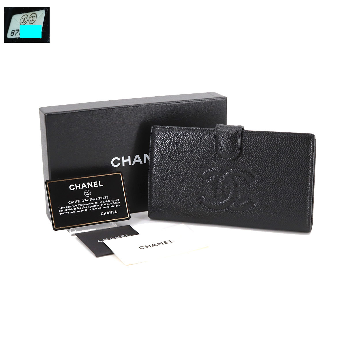 新品同様 シャネル CHANEL キャビアスキン 二つ折り 長財布 がま口