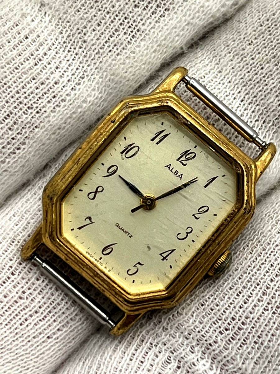 【電池切れ/フェイスのみ】SEIKO セイコー ALBA アルバ クォーツ 腕時計 ゴールド文字盤 八角 レディース V401-5800 810118_画像1