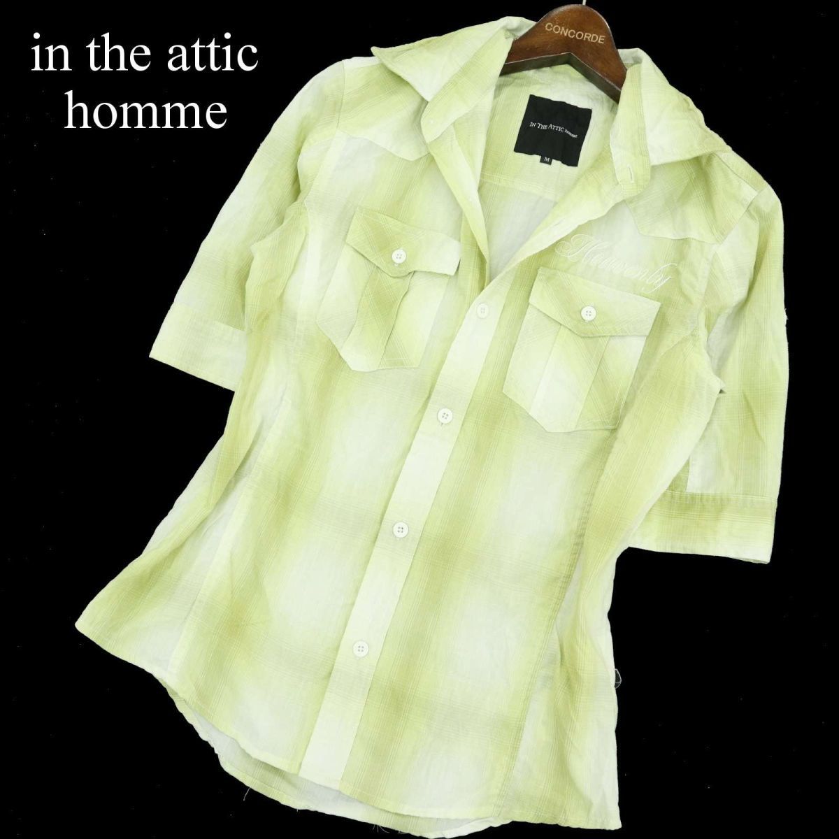 in the attic homme インジアティック オム 春夏 刺繍 襟ワイヤー★ 5分袖 ウエスタン チェック シャツ Sz.M　メンズ　A3T05924_5#A_画像1