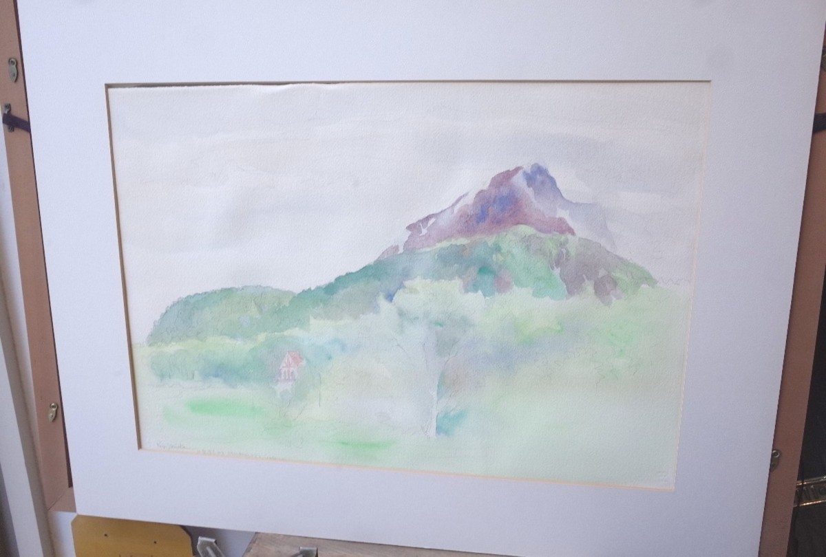 ○依岡慶樹　水彩画作品　「昭和新山」　木製額　額装　78x60cm　山の風景　高知県出身の画家　レトロ　モダン　古道具のgplus広島2012i⑤_画像5