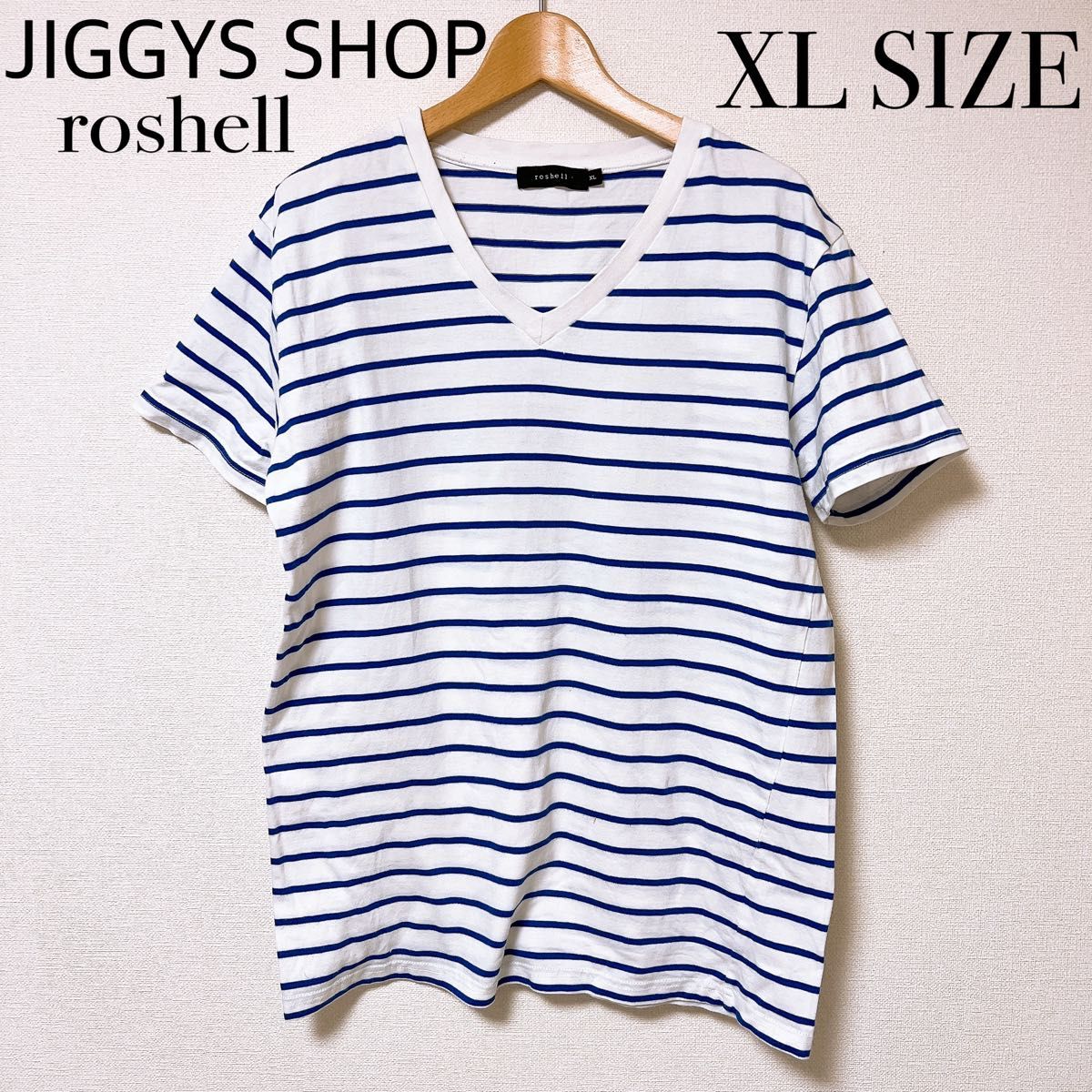 JIGGYSSHOP roshell ボーダーTシャツ 半袖シャツ　メンズ　男女兼用　XLサイズ　Vネック　ホワイト×ブルー