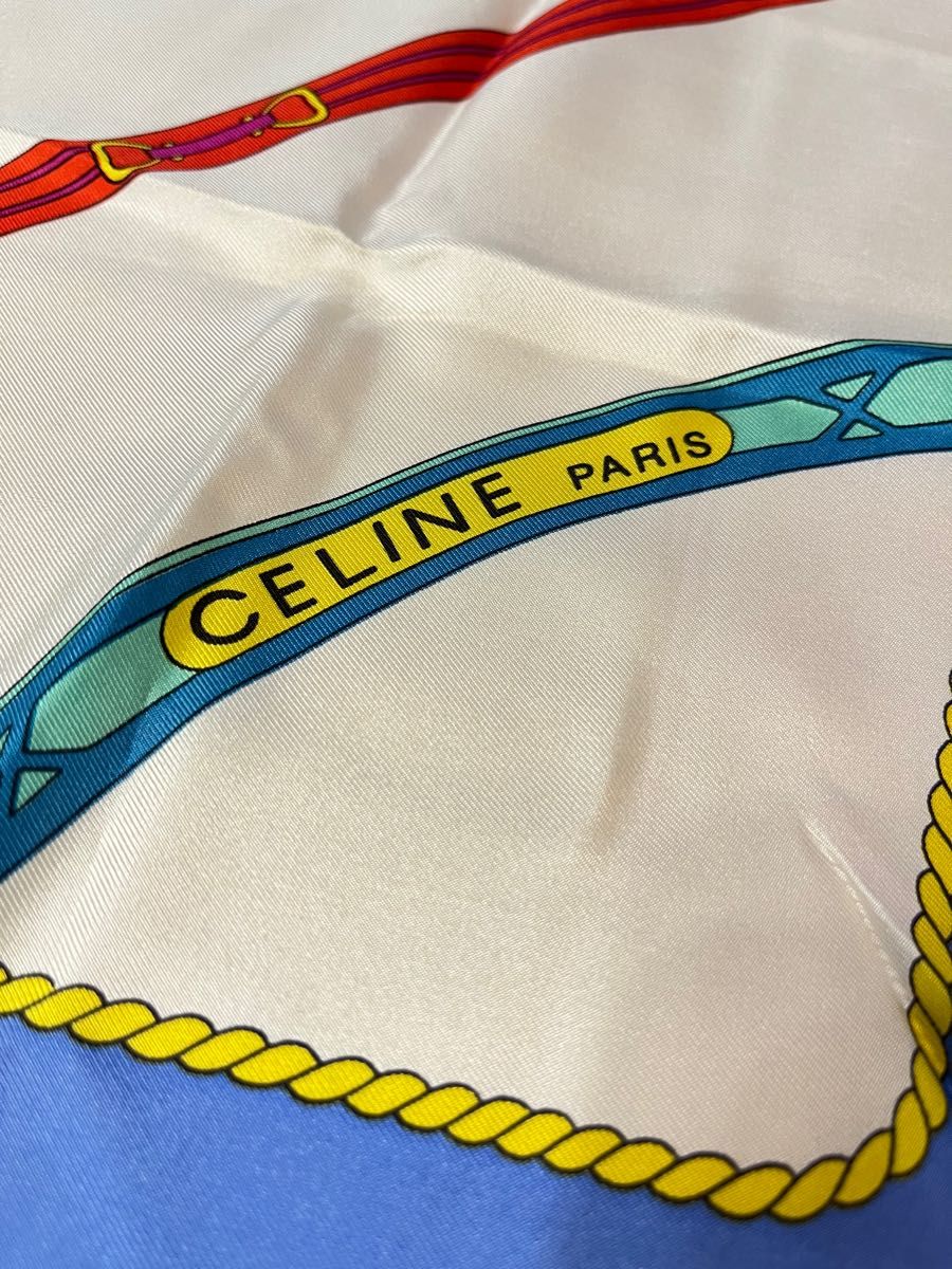 CELINE 乗馬帽子柄　スカーフ　極美品　セリーヌ　シルク100% 美品 大判スカーフ イタリア製 シルクスカーフ