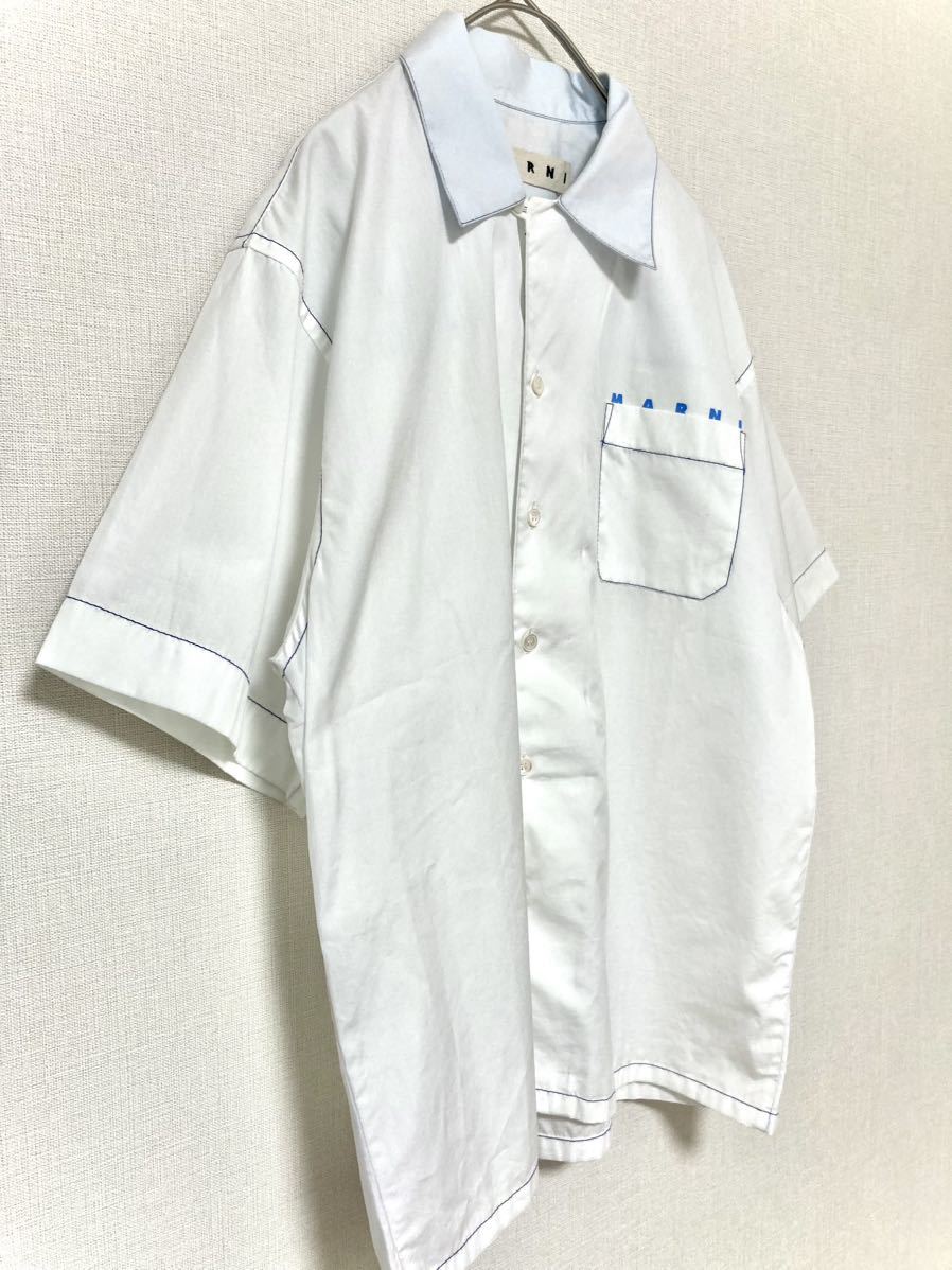 マルニ marni オープンカラー ボーリングシャツ 半袖 ハーフスリーブ ロゴ メンズ バイカラー ホワイト 白 トップス 