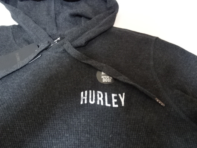 USA購入 ハーレー【HURLEY】 渦巻きロゴバックプリント入り サーマル素材 薄手プルオーバーパーカー US Sサイズ ブラックグレー_画像3