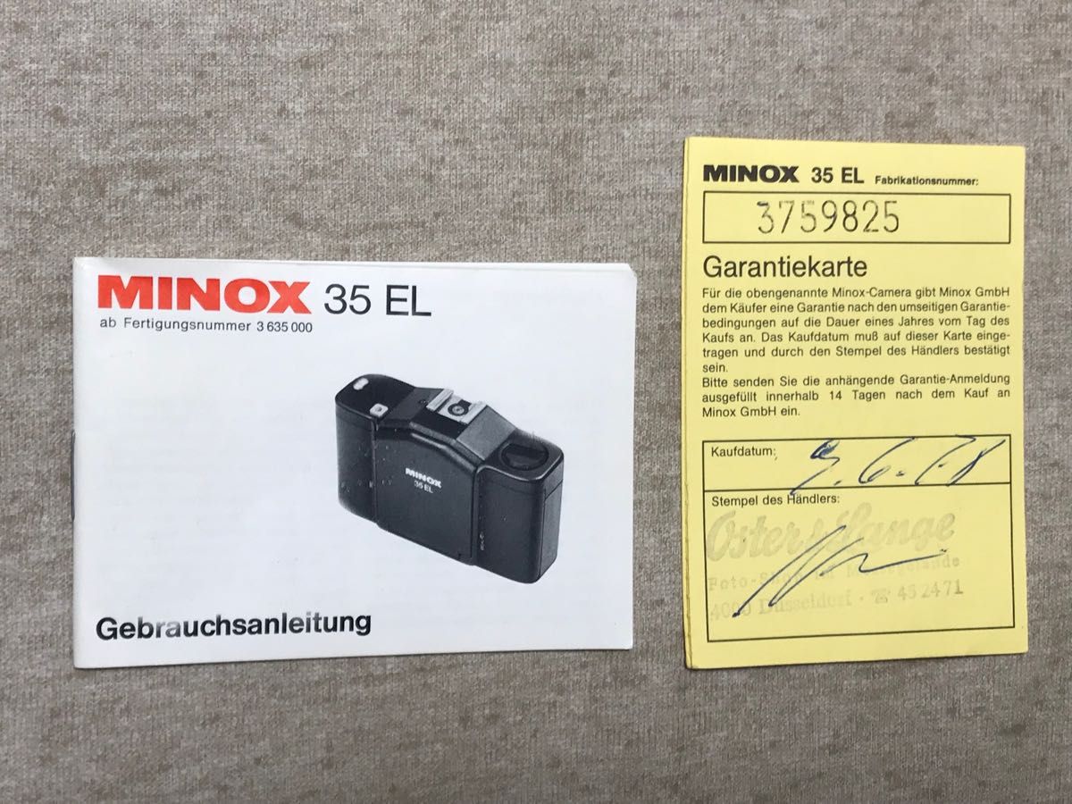 MINOX 35EL 取扱説明書(独語) とドイツのカメラ屋さんの保証書