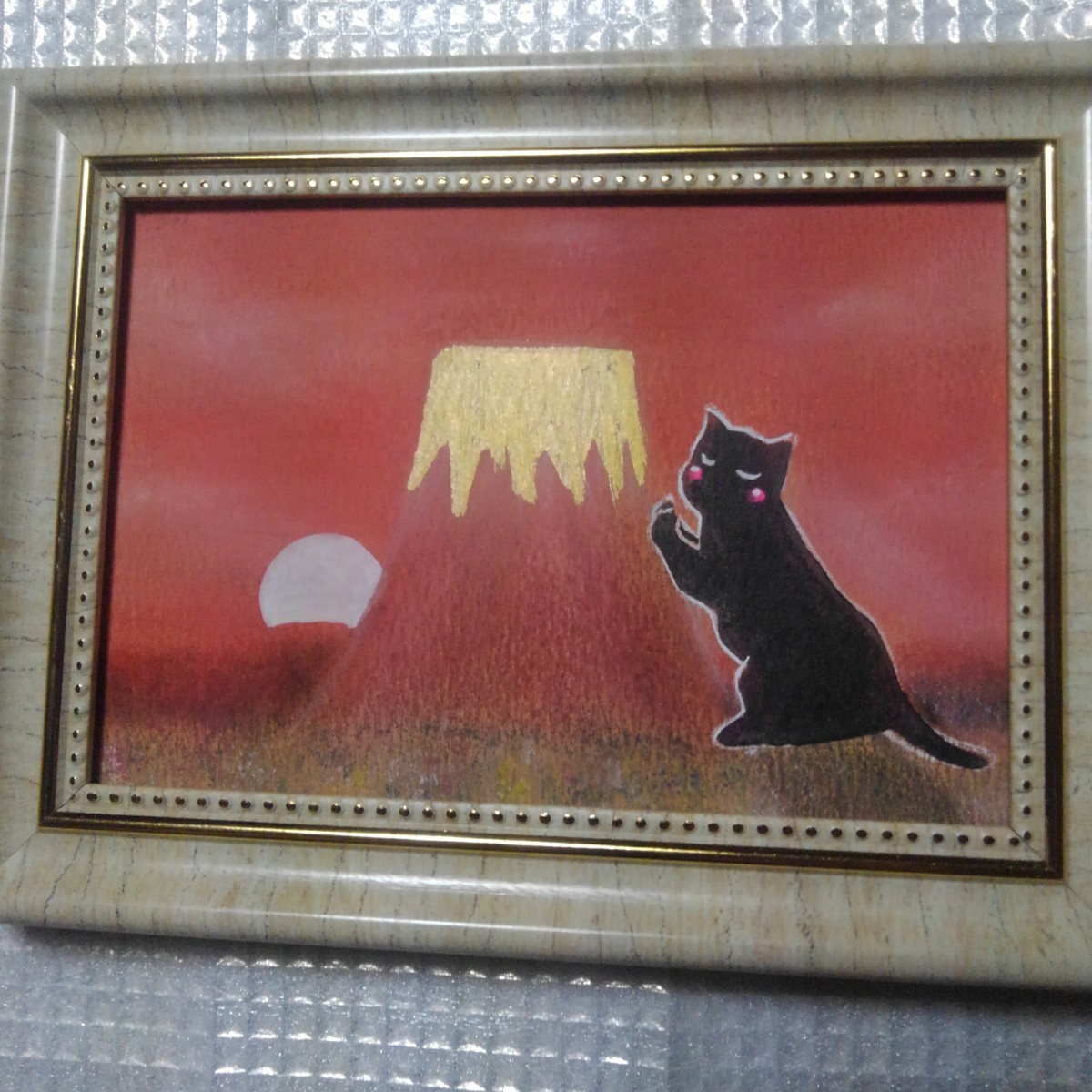 絵画　「赤富士と黒猫」　A4サイズ額つき