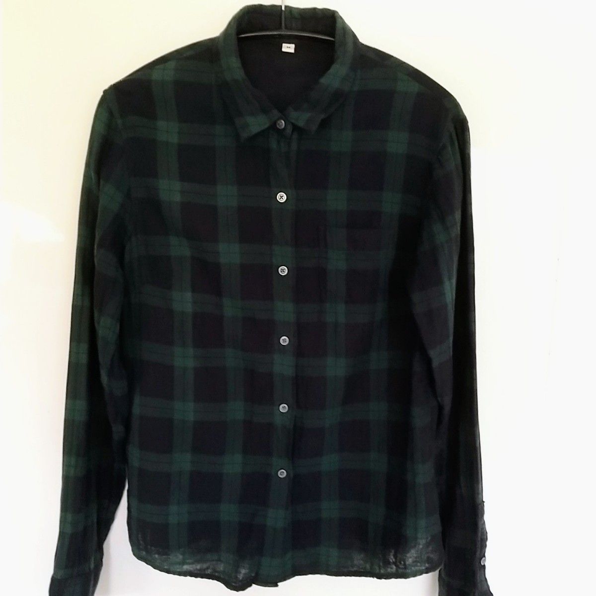 【無印良品】ブラックウォッチ コットンシャツ、サイズ M、グリーン×ネイビー チェック柄、ガーゼ、綿