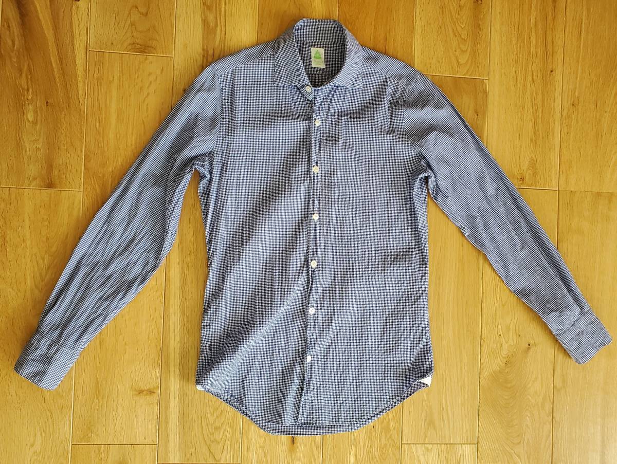 Finamore フィナモレ ブルー系ギンガムチェックシャツ Sサイズ 美品