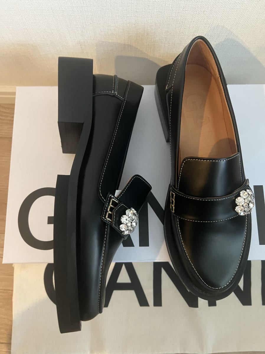 新品 未使用 GANNI ガニーレザー ビジュー ローファー 38 24cm レザー