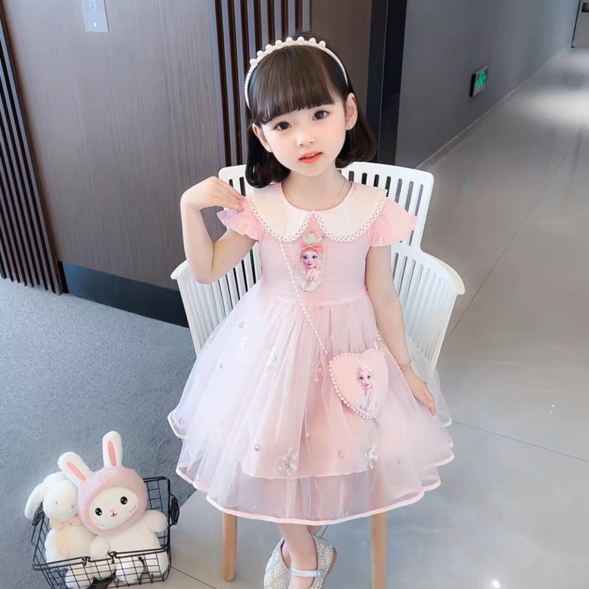 新品 キッズアナと雪の女王 シフォンワンピース レース 真珠チェーン