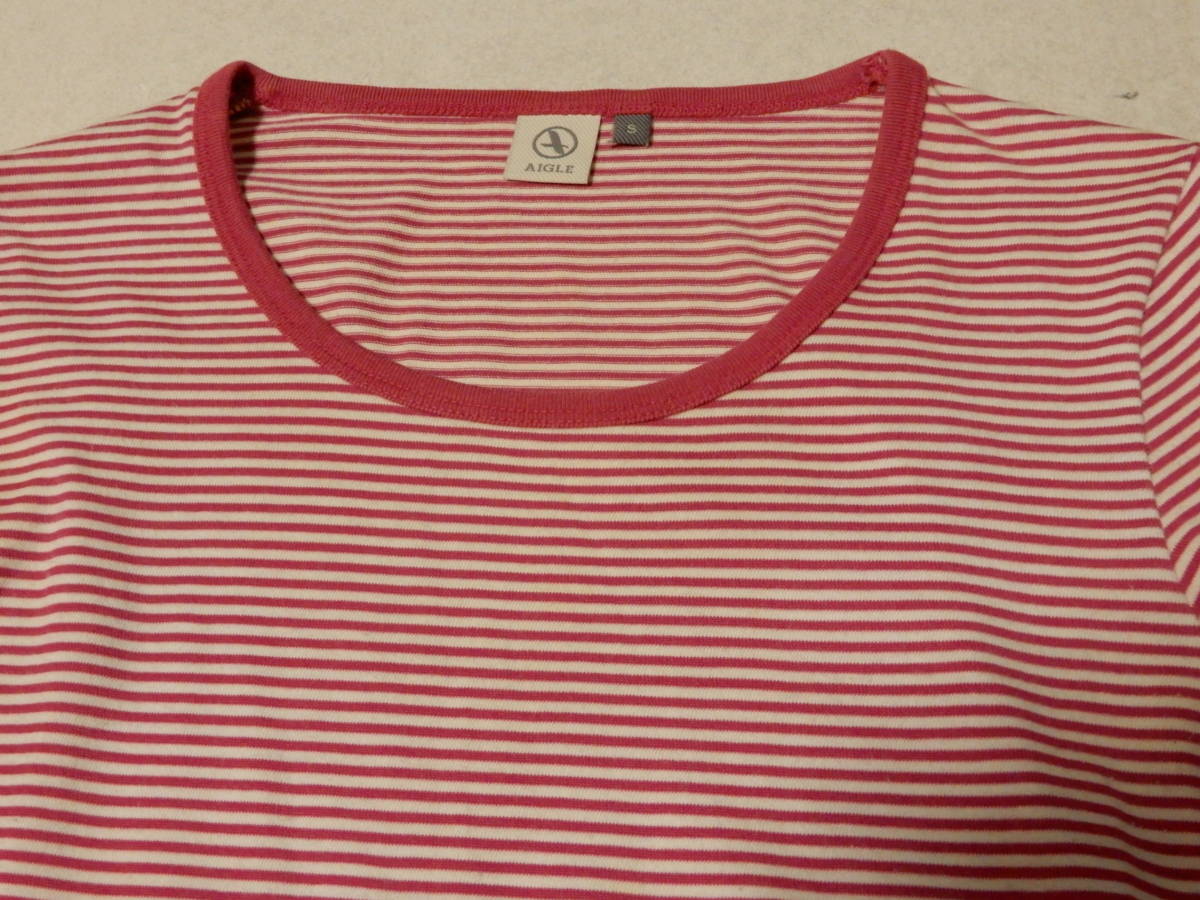 [ free shipping ] Aigle :AIGLE! cotton 50%: polyester 50%: pink border : long sleeve T shirt : long T-shirt : long T* size S