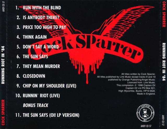 ＊中古CD COCK SPARRER/RUNNING RIOT IN'84 1984年作品2nd+ボーナストラック収録 SHAM69 ANGELIC UPSTARTS THE LAST RESORT 4SKINS_画像2