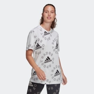 ♪新品タグ付 アディダスadidas ロゴ 総柄プリント 半袖Tシャツ 定価3,950円　白 L_画像2