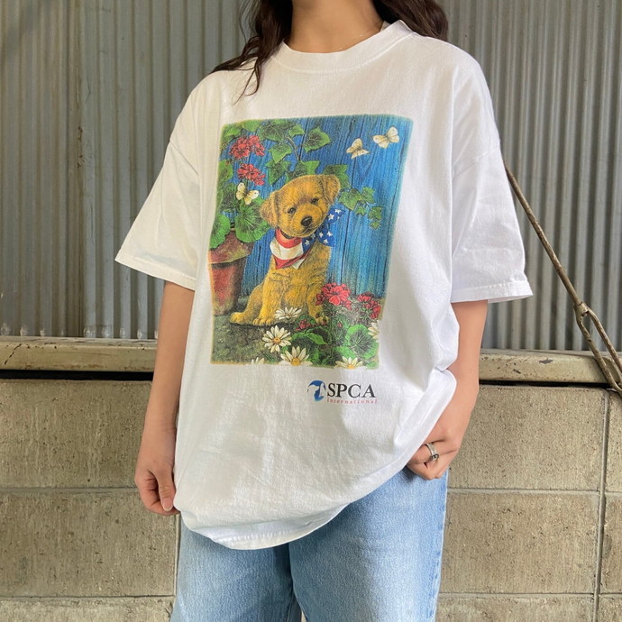 00年代 SPCA INTERNATIONAL アニマル イヌ アート プリントTシャツ メンズXL_画像3