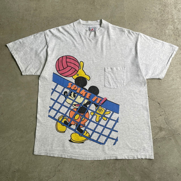 90年代 USA製 Disney ミッキーマウス バレーボール キャラクタープリント モックネック ポケットTシャツ メンズXL_画像1