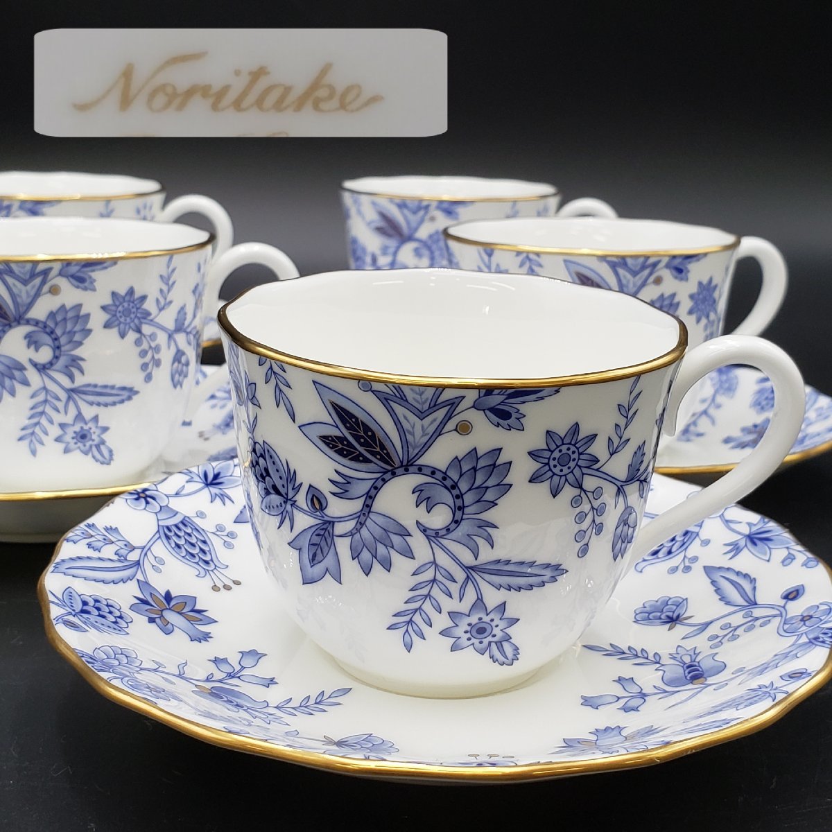 Noritake ボ ーンチャイナ ブルーソレンティーノ カップ＆ソーサー 5客 金縁 ノリタケ 紅茶 珈琲 洋食器 食器 カップ 陶器 【80e1231】_画像1