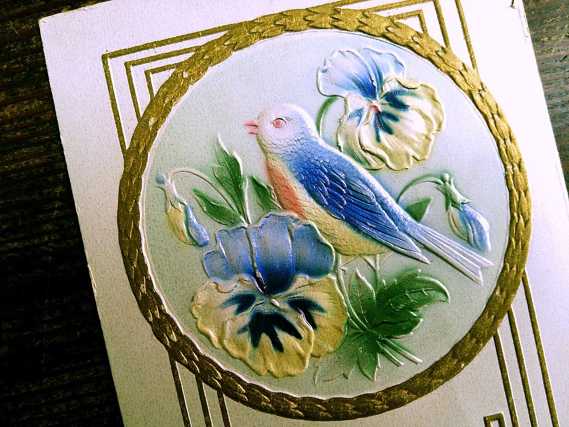 花(14)J12◆パンジー 小鳥 アンティークポストカード フランス ドイツ ベルギー イタリア イギリス ビンテージ 外国絵葉書_画像2