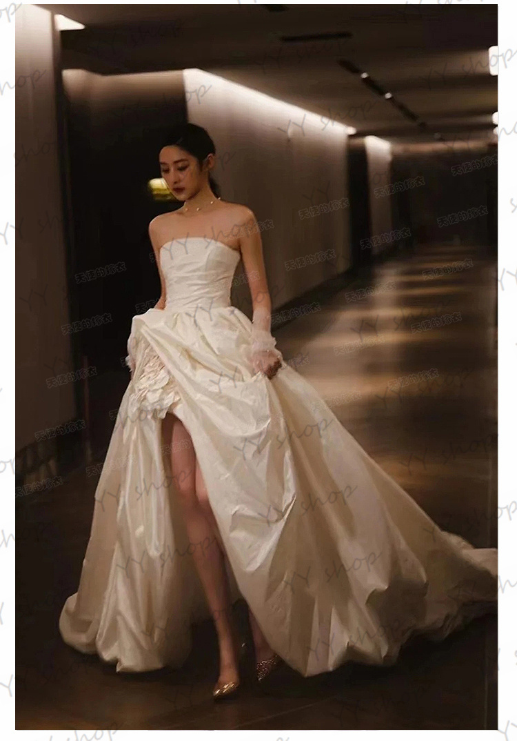 H012 前上がり スリット ウェディングドレス パーティドレス ロングドレス ワンピ ビスチェ トレーン 白 結婚式 二次会 フォーマル 安い  モデル
