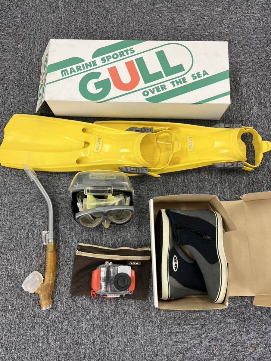 スキューバ ダイビング グッズ まとめGULL 3点 フィン シュノーケル 水中マスク TUSA ブーツ 26cm Nikonウォータープルーフケース NGYの画像1