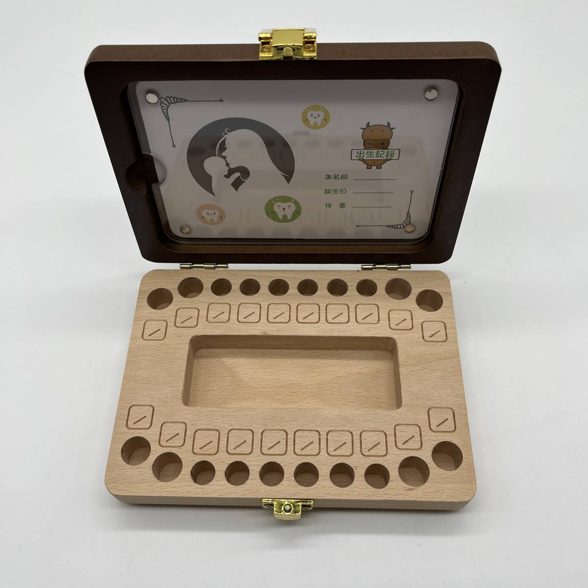 . tooth case AKI623 wooden . tooth case box .. wool . inserting child Kids celebration of a birth present growth memory ( tea color + tree. color )