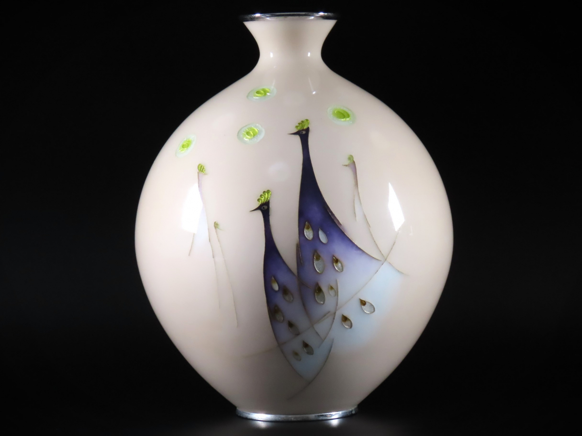 晃】田村七宝工芸 田村幸夫 作 有線無線七宝 希少図 孔雀文大花瓶 飾壷