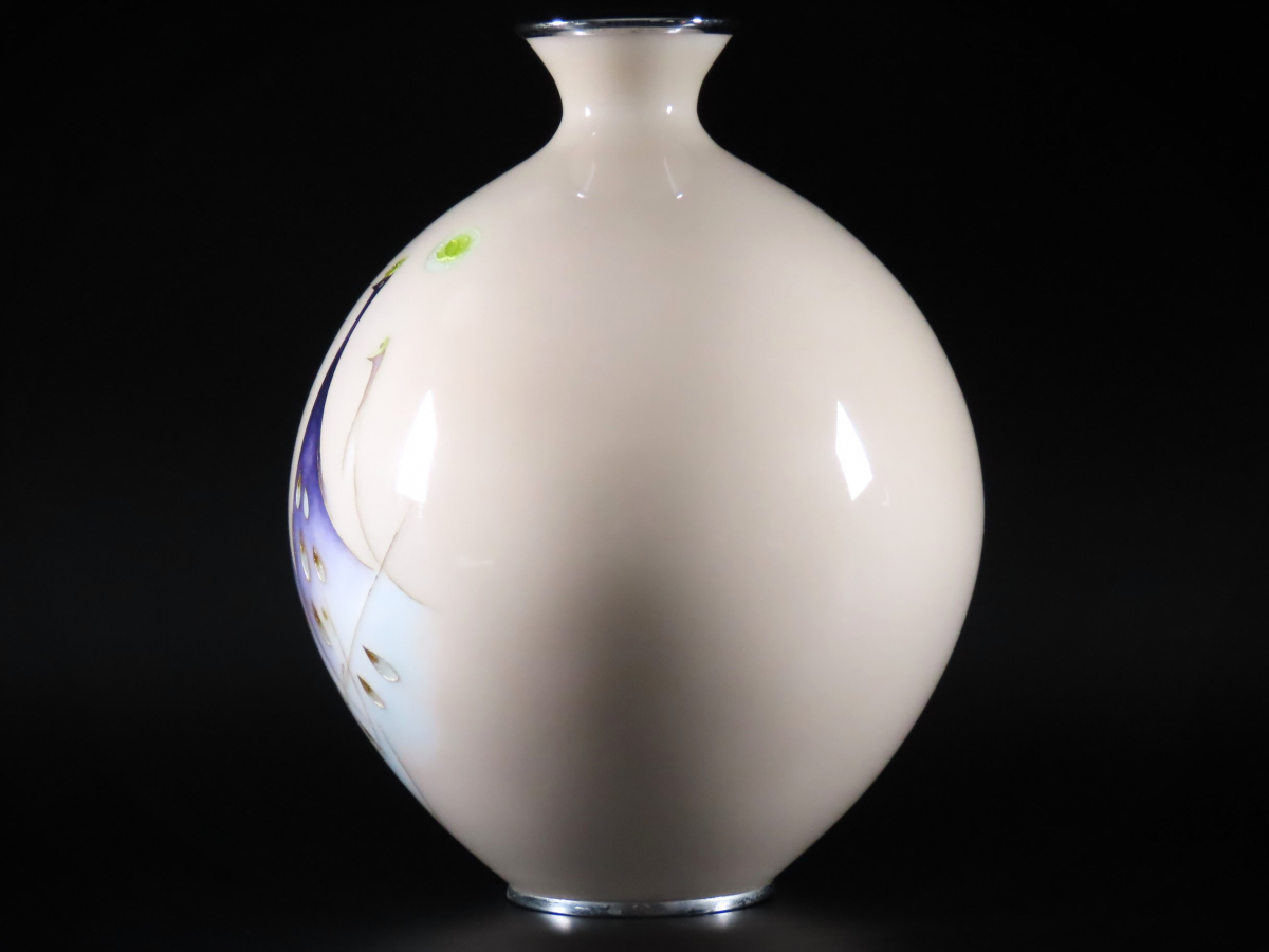 晃】田村七宝工芸 田村幸夫 作 有線無線七宝 希少図 孔雀文大花瓶 飾壷
