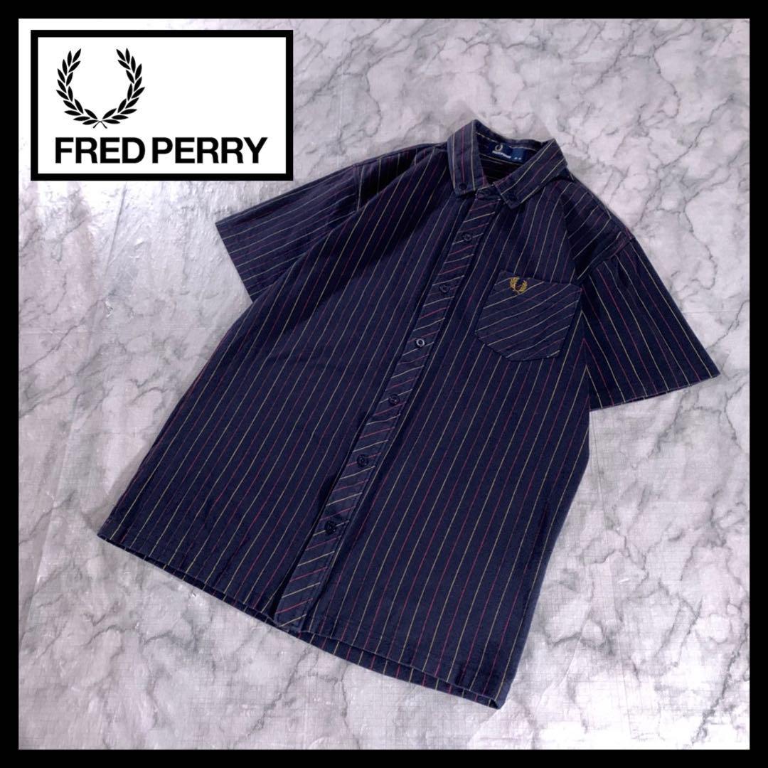 FRED PERRY ストライプ シャツ 半袖 ネイビー 金 刺繍ロゴ M