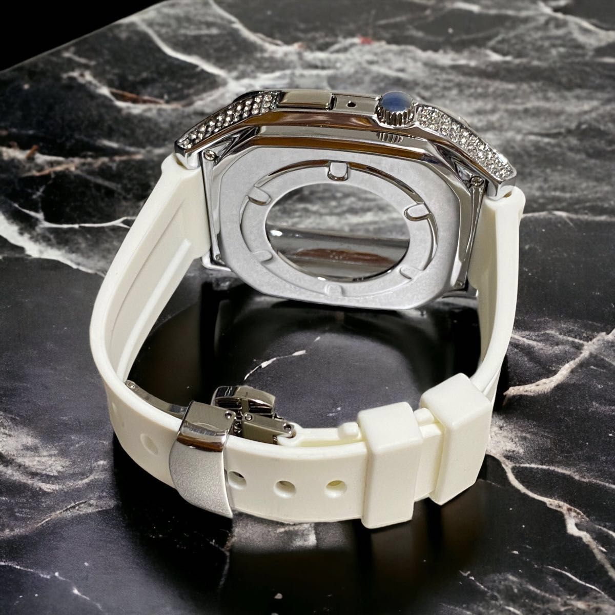 hシルバー★アップルウォッチバンド ステンレス カバー　キラキラ　ラバーベルト　Apple Watch ケース 44mm 45mm
