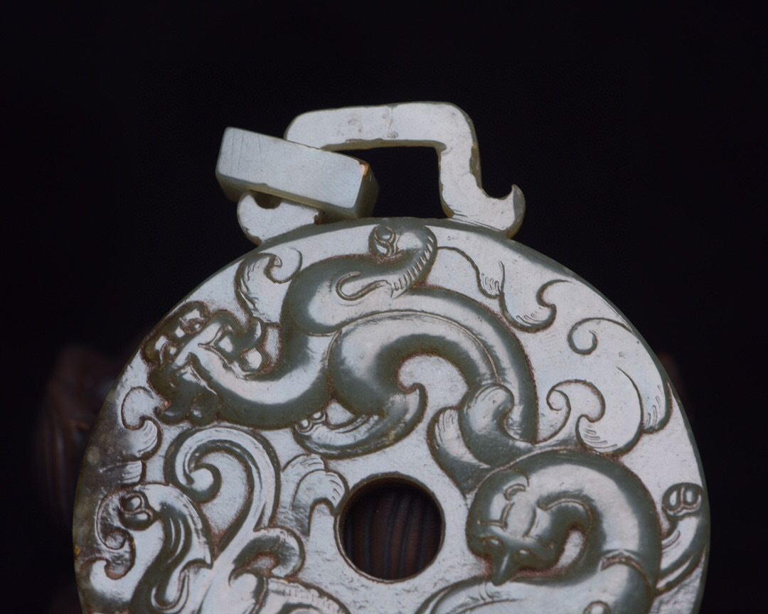 清・和田玉細密彫・神獣紋玉牌・根付・裝身具』極細工・古賞物・中国
