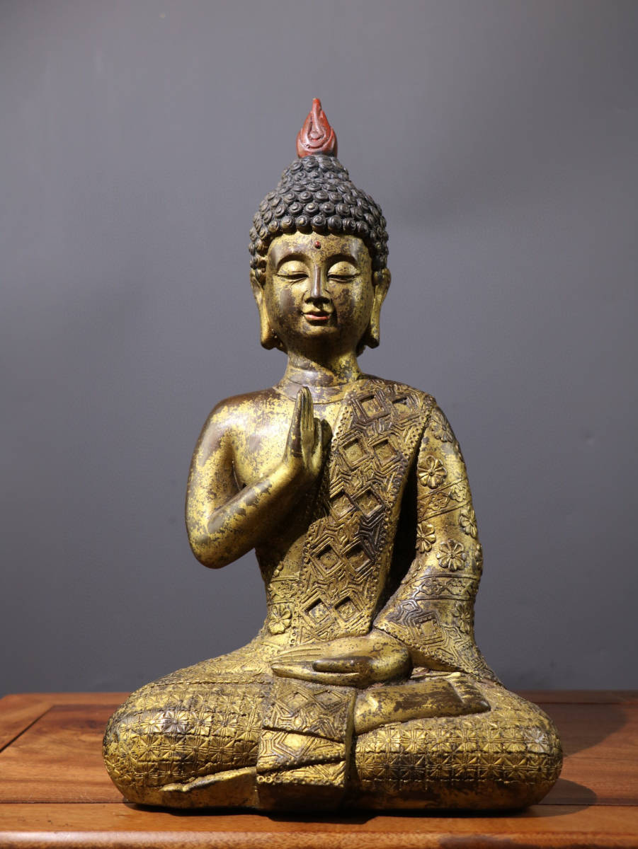 清・仏教古美術・古銅彫・塗金・梅花泰像』極細工 置物古賞物 中国古玩