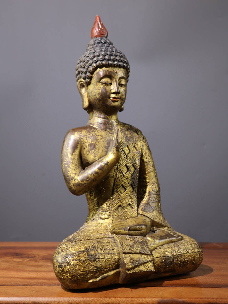 清・仏教古美術・古銅彫・塗金・梅花泰像』極細工 置物古賞物 中国古玩