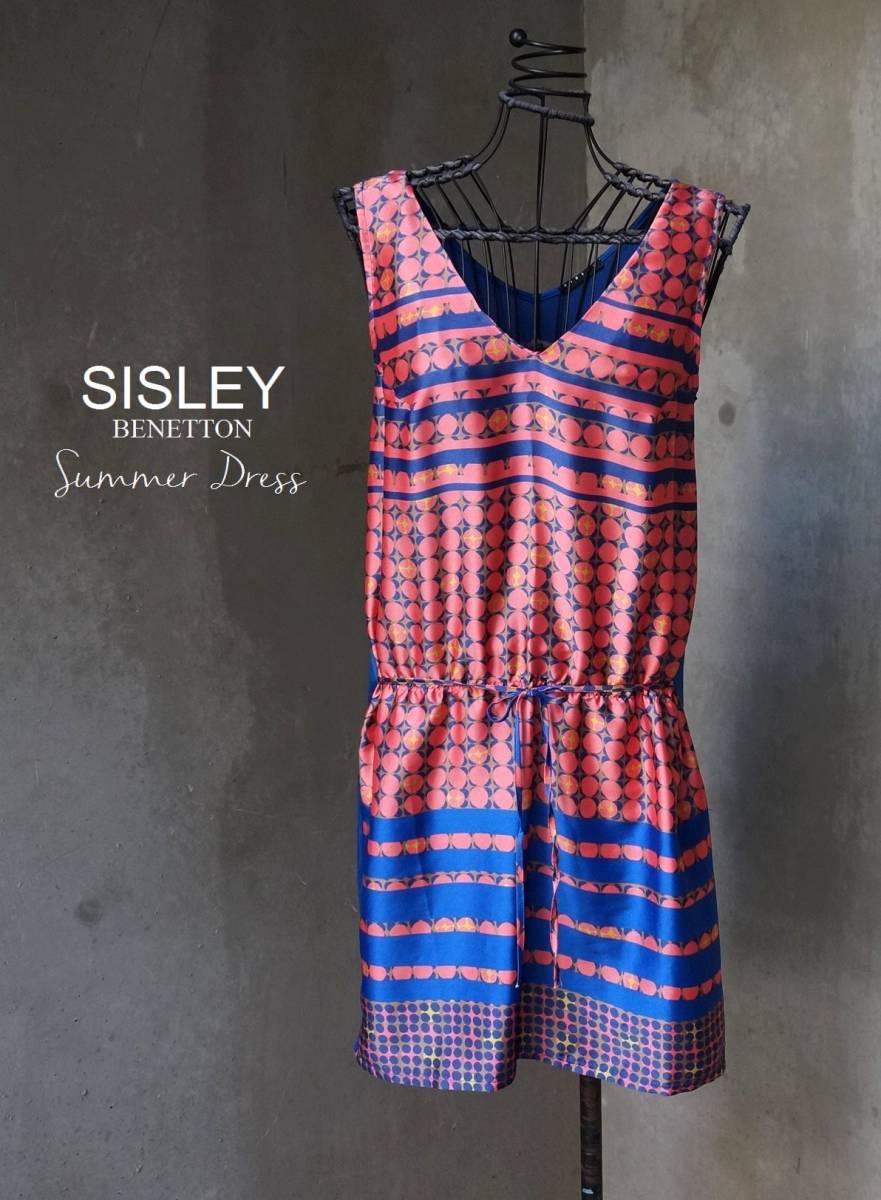 シスレー SISLEY マルチ サーモンピンク プリント×青 ブルー バイカラー ウエスト紐リボン 膝丈 ノースリーブ ワンピース サマードレス S