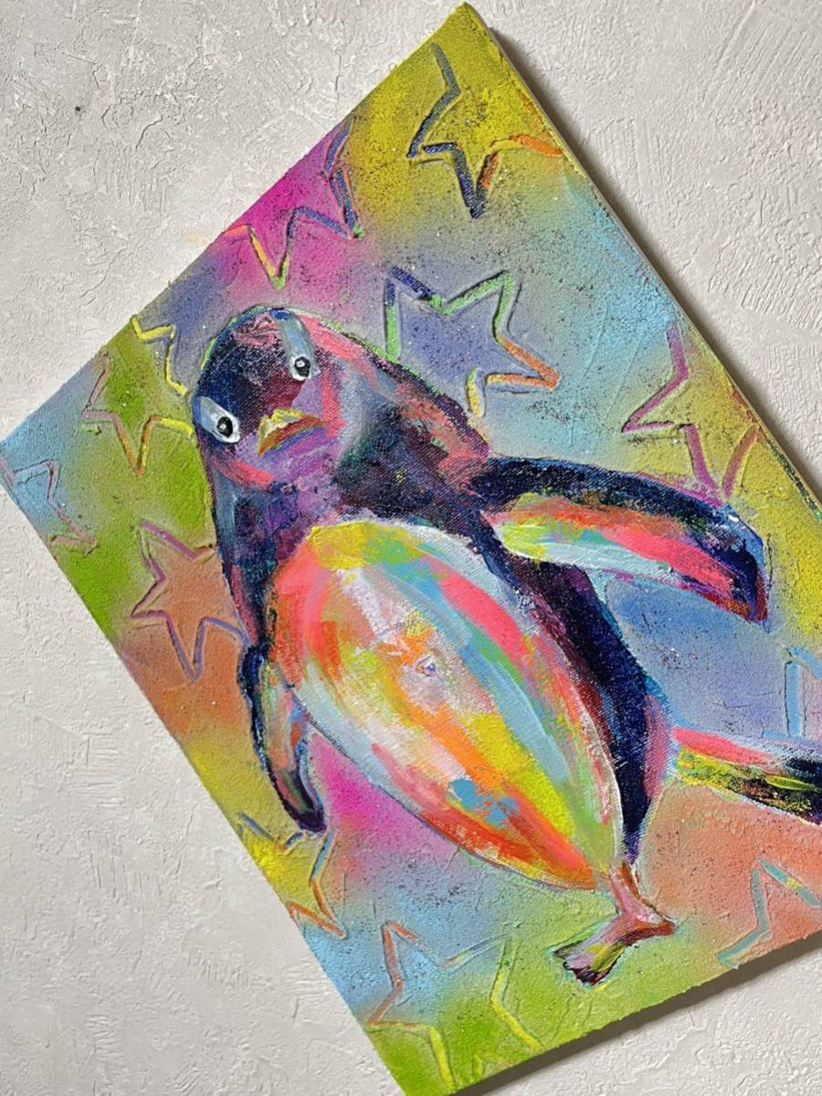 油彩画 油絵 真作 原画 絵画 現代アート 抽象画 動物画 ペンギン 作品証明書付