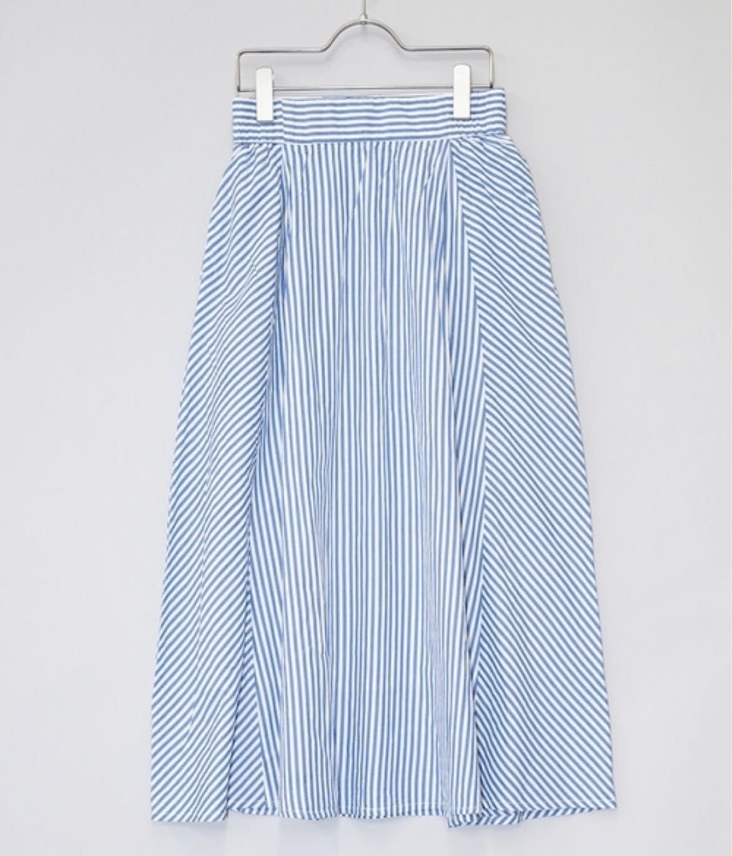 未使用 ワードトローブ 綿100% ポケットあり ストライプ ロング フレア スカート デザイン縫製 ボーダー 青 ブルー