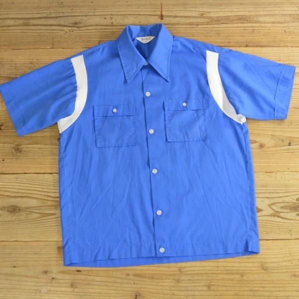 70年代 NAT NAST ボーリングシャツ USA製 Mサイズ ブルー フロッキープリント ユニオンチケット アメリカ製 MADE IN USA ビンテージ 古着_画像1