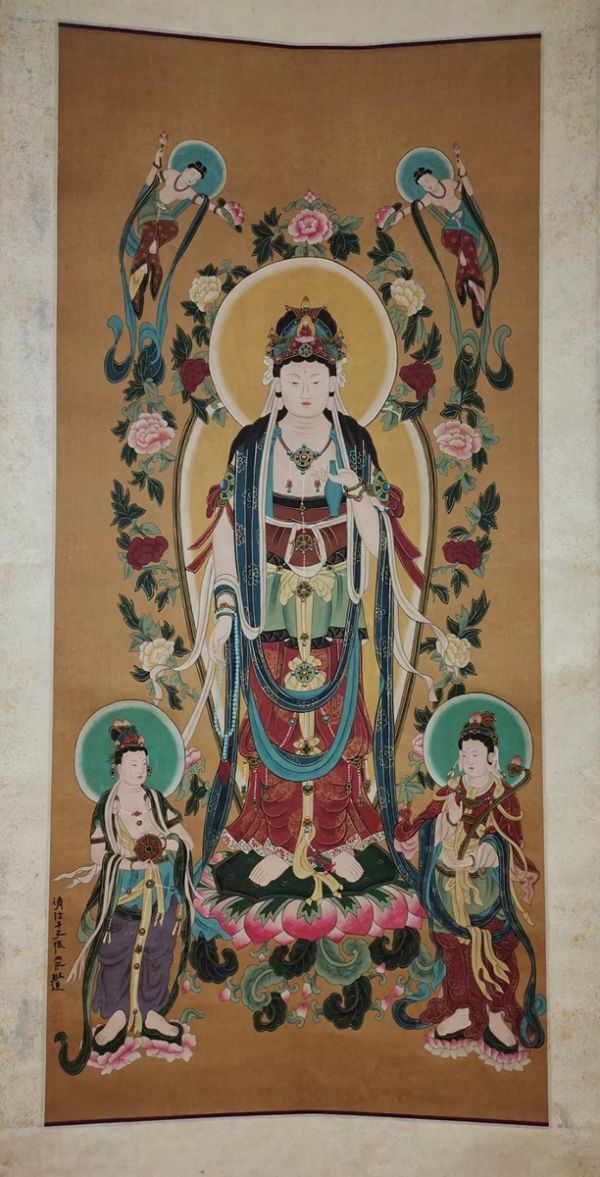 古びた蔵 中国書画 近代画家張大千 仏像図 肉筆絹本真作 掛け軸