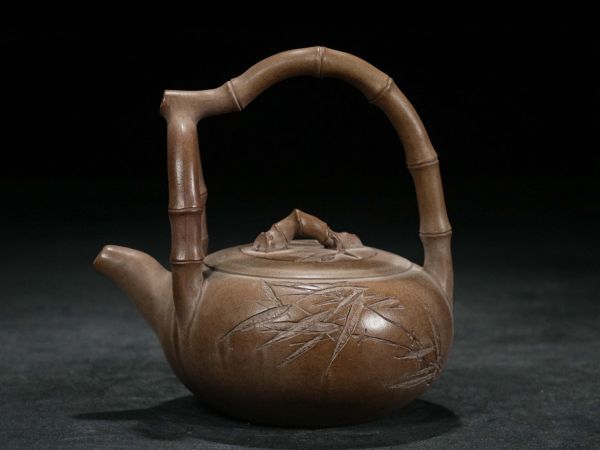古びた蔵『清 友廷製 陶磁器 紫砂急須 竹節竹葉三叉提梁紫砂茶壺』極細