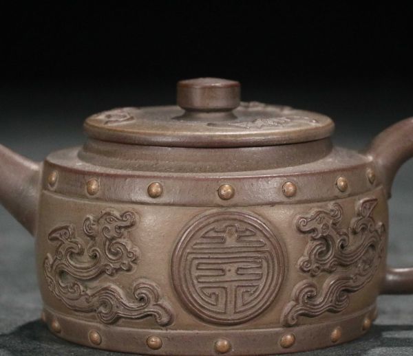 古びた蔵『陳鼎和造陶磁器紫砂急須福紋鼓形紫砂茶壺』極細工急須茶道具